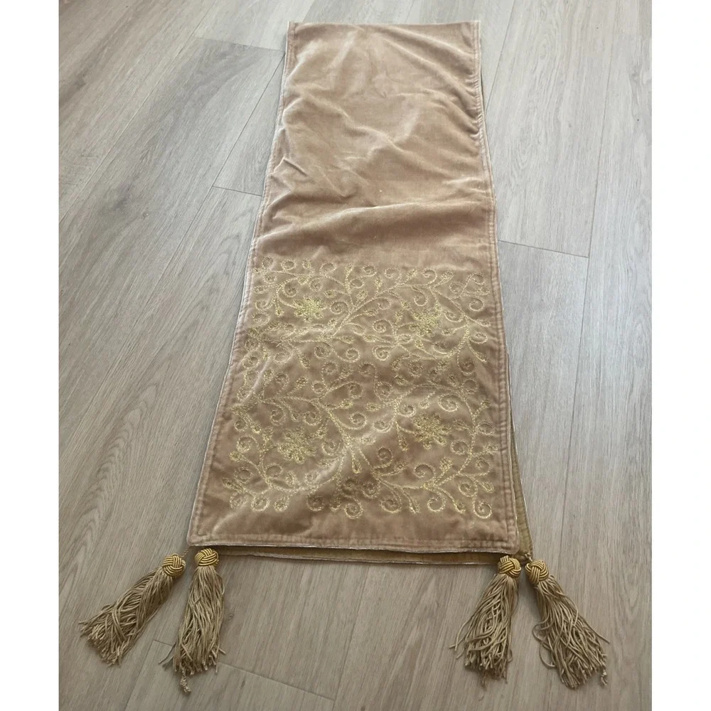 Vintage Crushed Velvet Gold Embroidered Table Runner Tassels 72X13